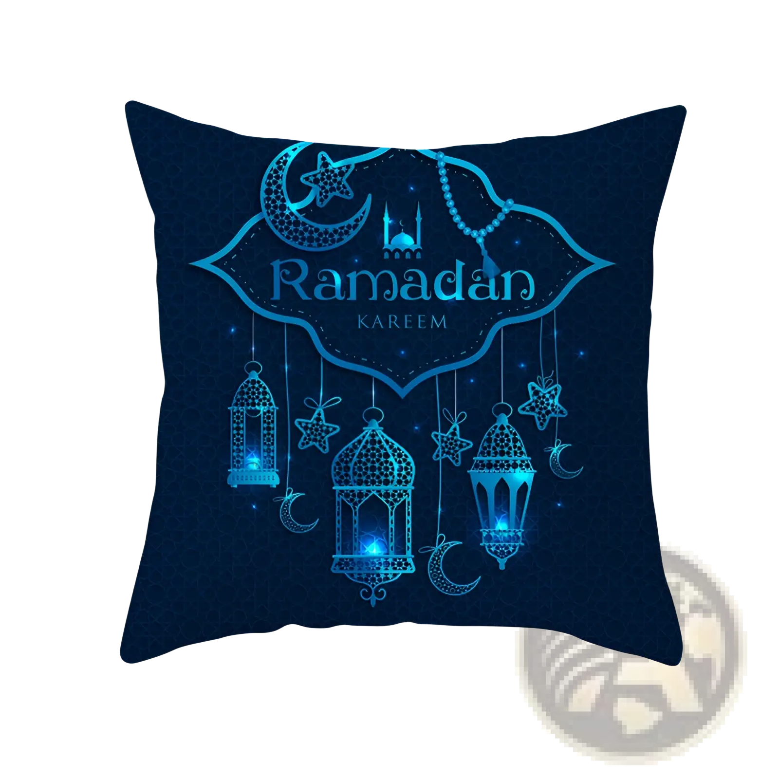 Dark blue square pillow featuring a glowing turquoise ramadan kareem design with gold lanterns stars and crescent moons