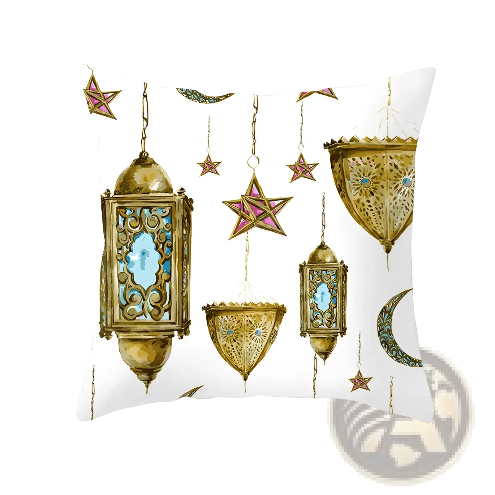 White throw pillow with ornate gold lanterns and pink star ornaments in ramadan kareem blue gold lantern eid design