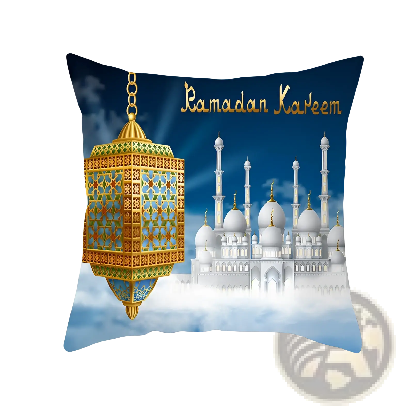 Square throw pillow featuring a printed golden lantern and white mosques design with ramadan kareem text in blue and gold