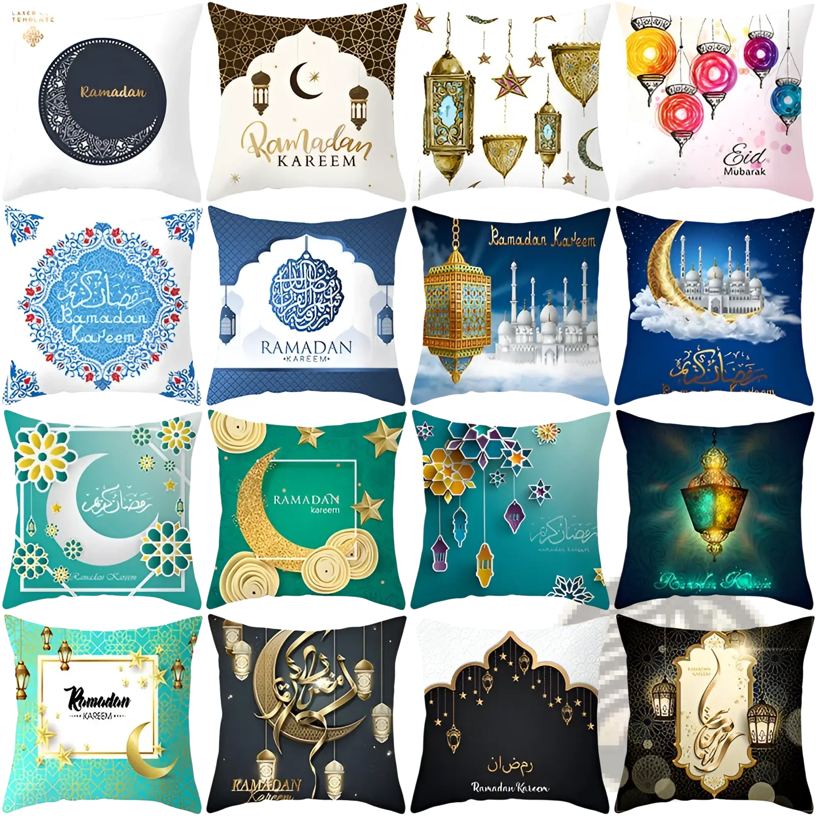 A collection of decorative blue gold throw pillowcases with intricate islamic lanterns crescent moons and arabic calligraphy