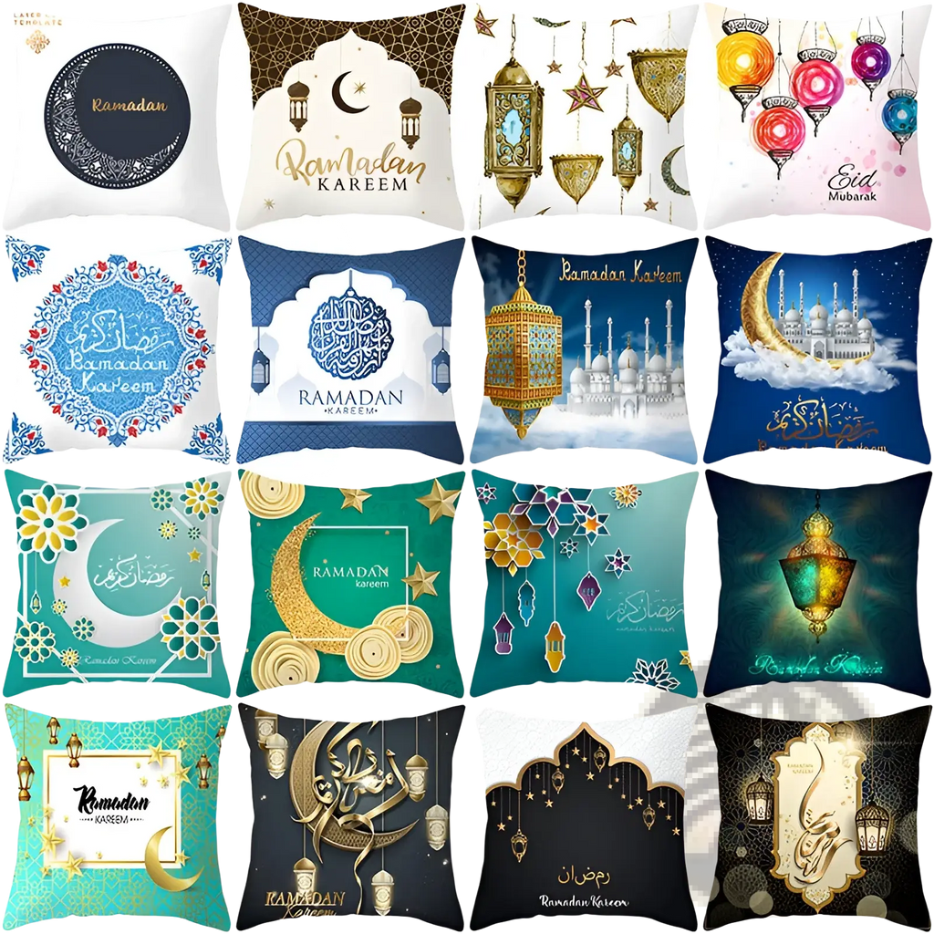 A collection of decorative blue and gold throw pillows with intricate islamic lanterns crescent moons and arabic calligraphy
