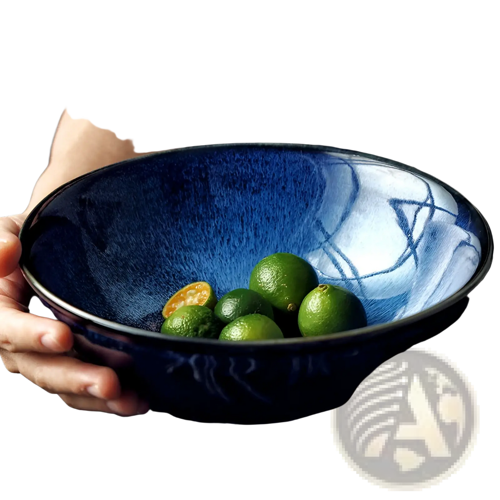 Deep blue ceramic ramen bowl 8.5 inch with textured speckled glaze and abstract white brushstroke patterns