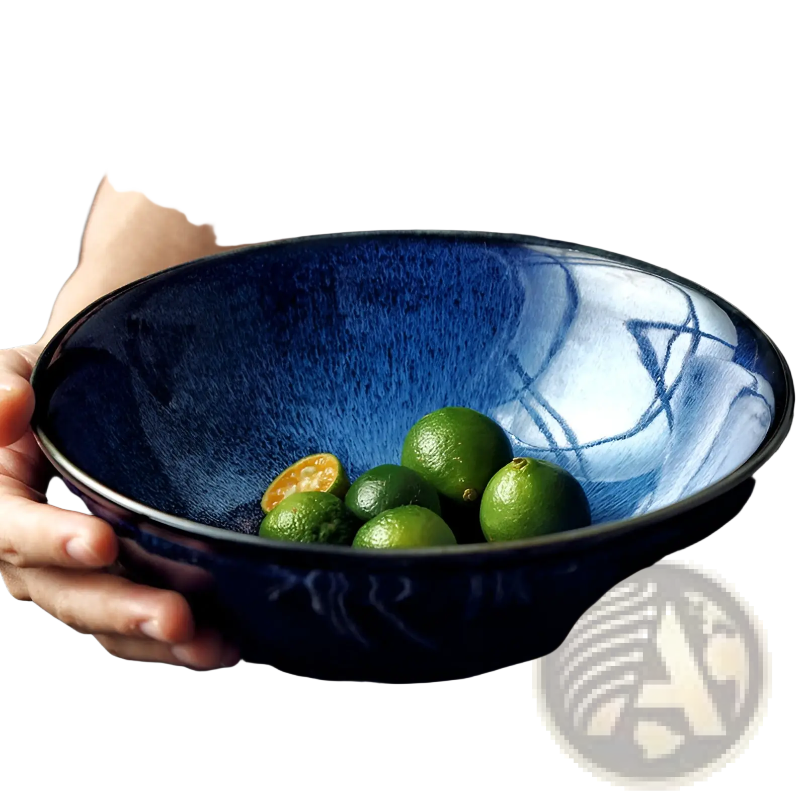 Deep blue ceramic ramen bowl 8.5 inch with textured speckled glaze and abstract white brushstroke patterns