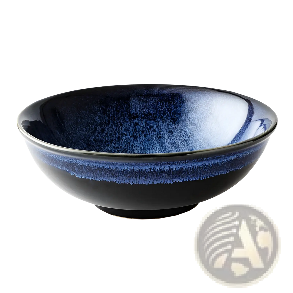 Ramen bowl ceramic 8.5 inch cat eye blue noodle bowl with a glossy deep blue to black gradient glaze and speckled texture