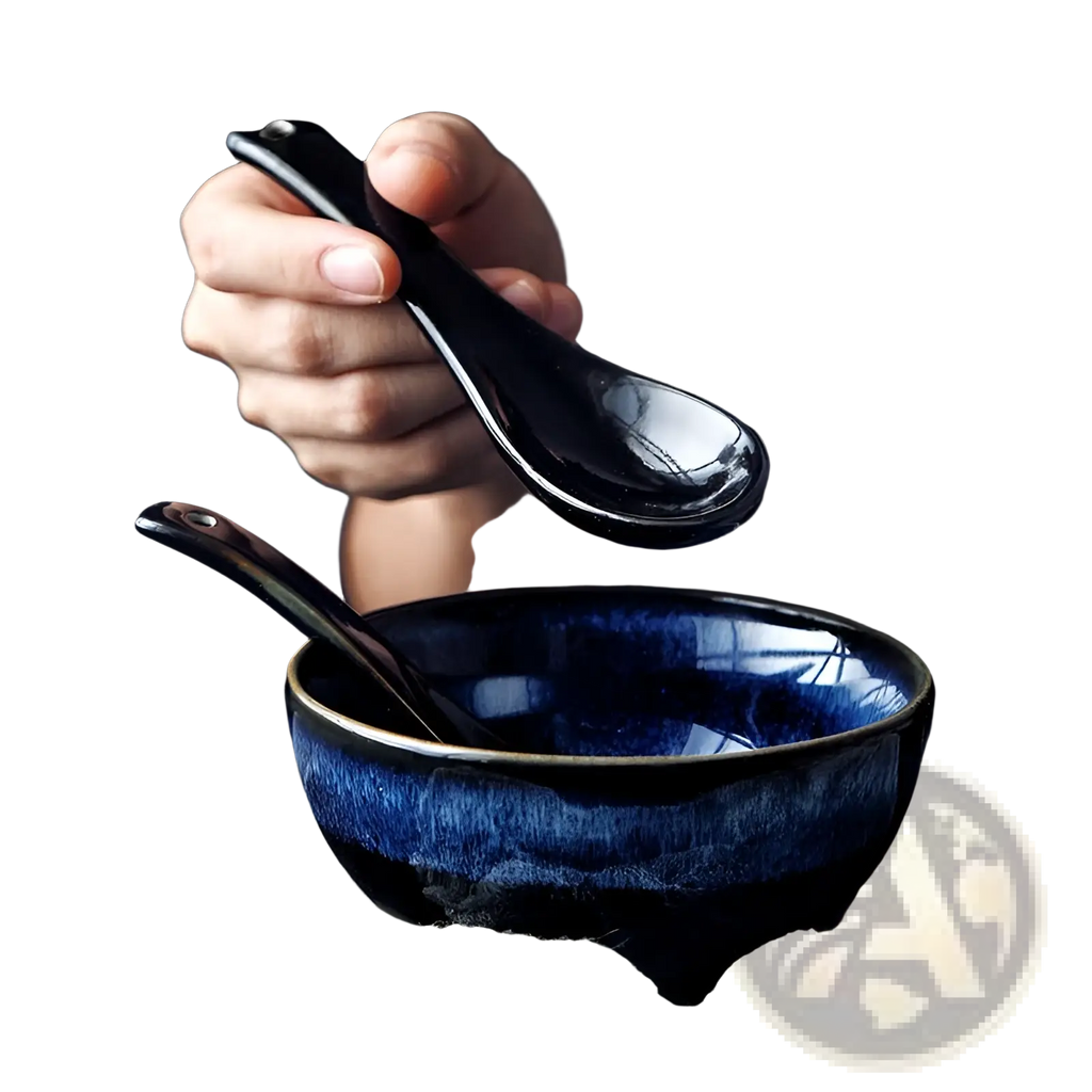 A glossy black ceramic spoon held above a deep blue ramen bowl ceramic 8.5 inch cat eye noodle bowl
