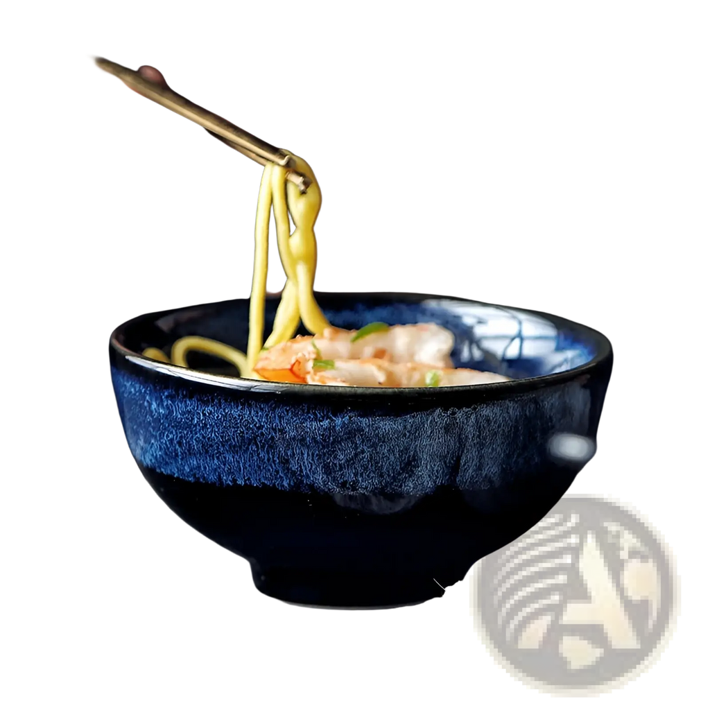 Deep blue ceramic ramen bowl with textured speckled glaze and subtle white patterns around the rim 8.5 inch