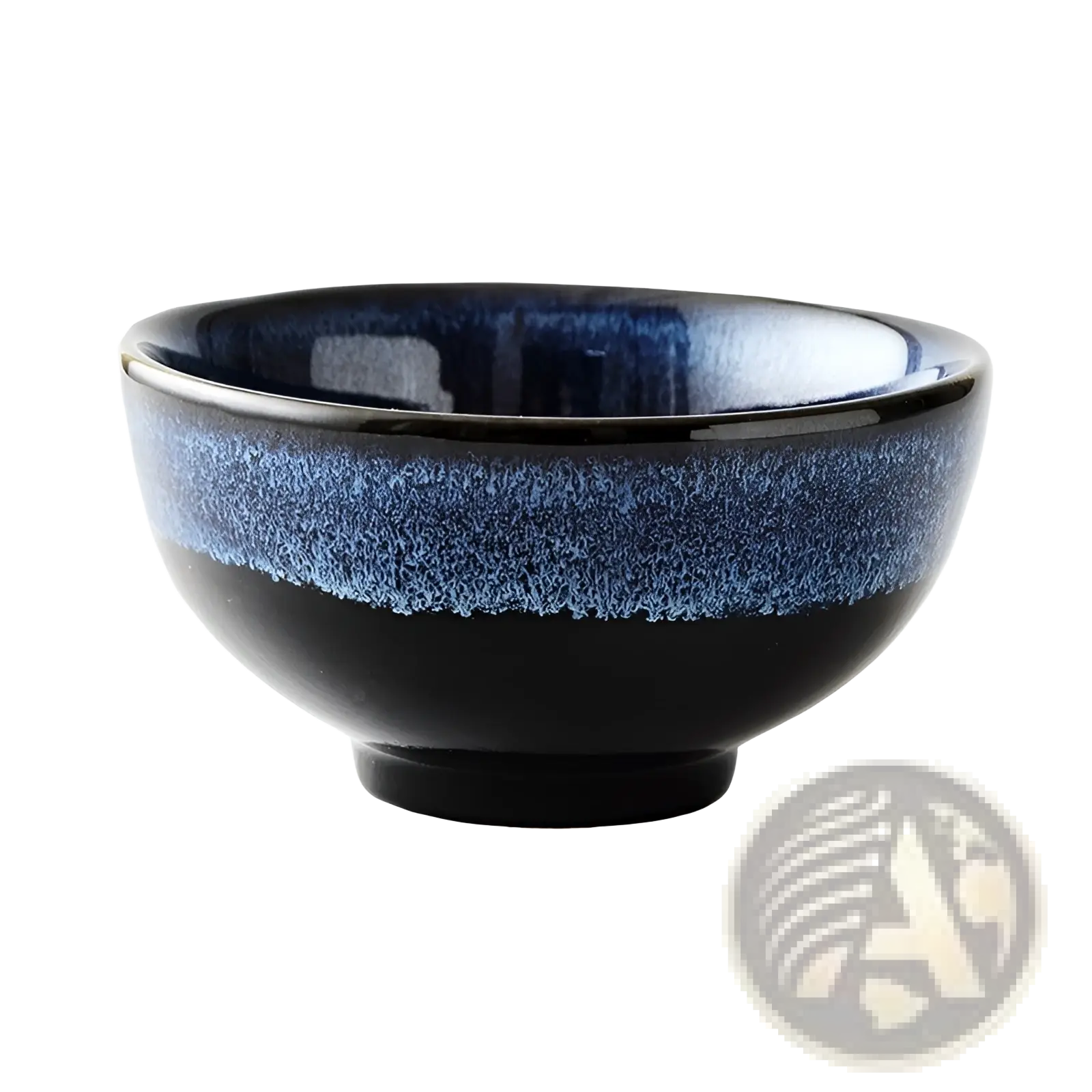 A glossy black ceramic ramen bowl with an 8.5 inch vibrant blue textured glaze band near the rim