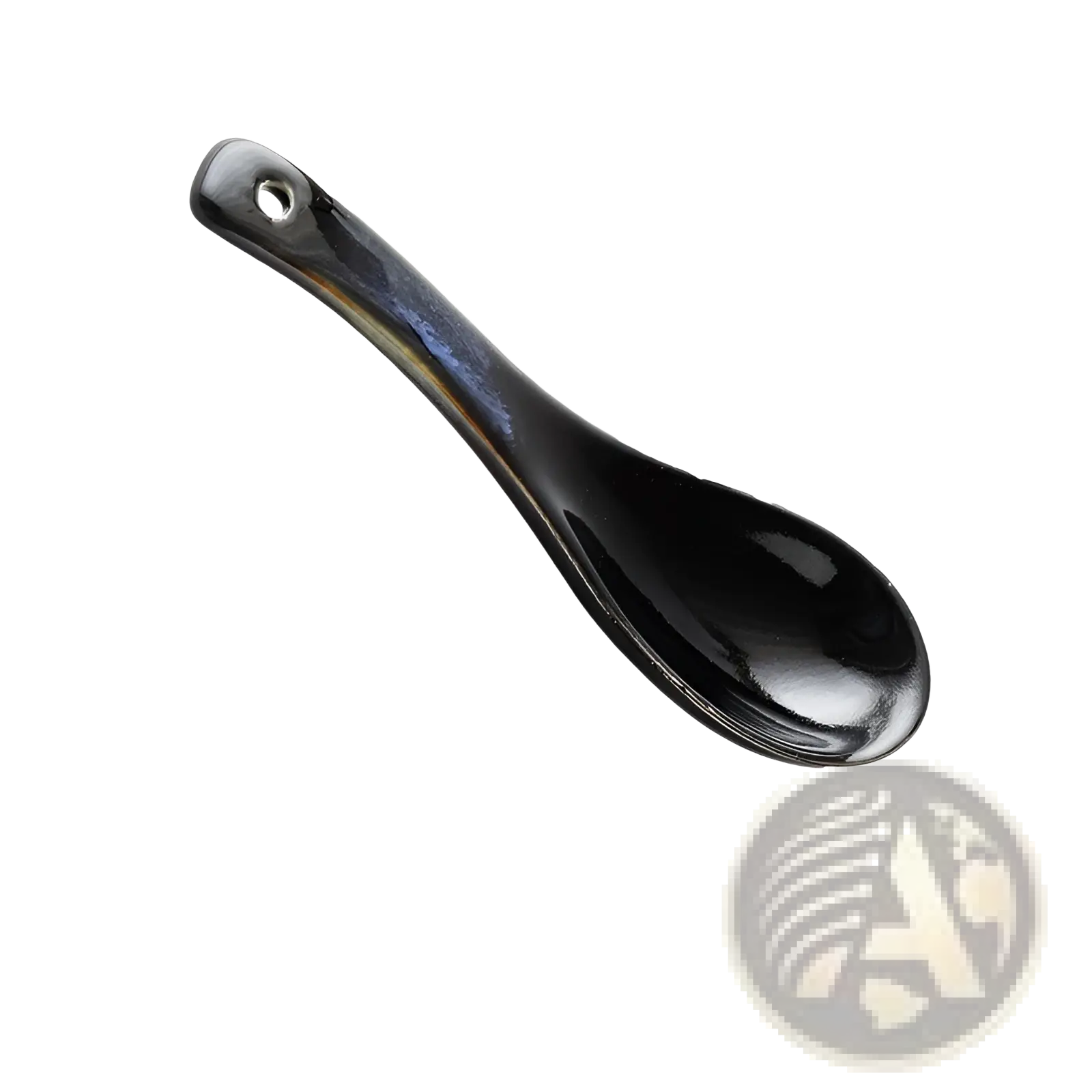 A sleek black ceramic spoon with a glossy finish and iridescent handle for ramen bowl ceramic 8.5 inch cat eye blue