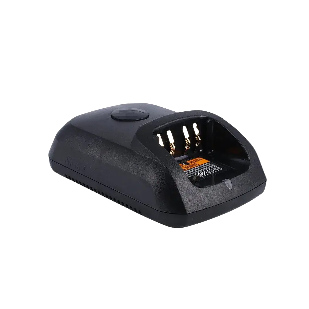 Black plastic motorola two-slot rapid charger with gold contacts and circular power button for dp4801 dp2400 dp2600 dp3400