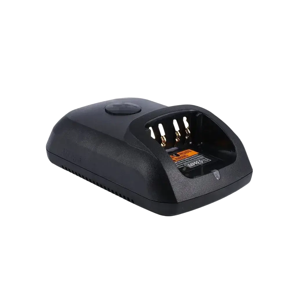 Black plastic rapid charger for dp4801 dp2400 dp2600 dp3400 with two slots gold contacts and orange warning label