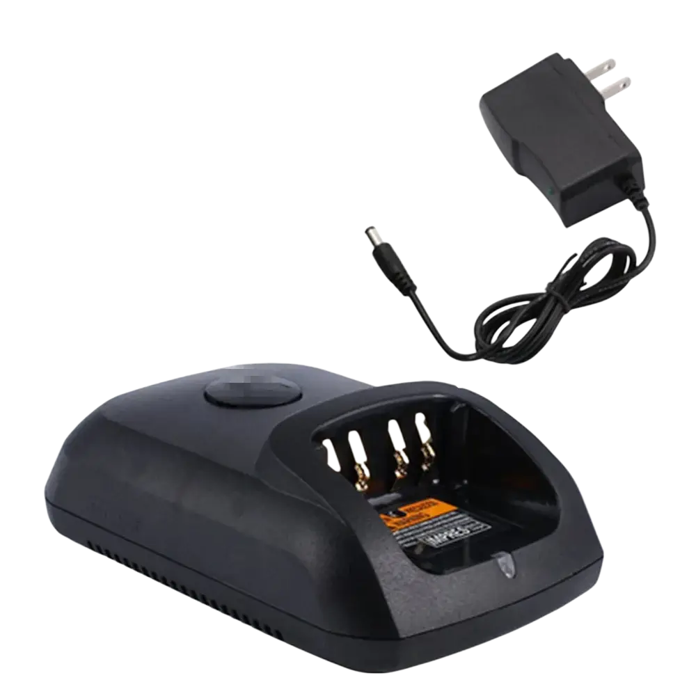 Black plastic motorola-style two-slot rapid charger with gold contacts and adapter for dp4801 dp2400 dp2600 dp3400 radios
