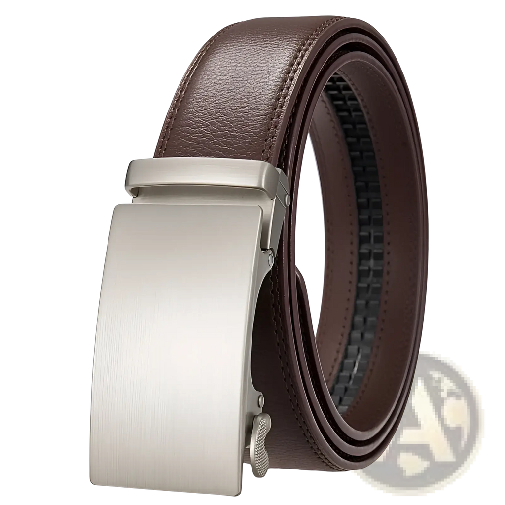 Brown leather ratchet belt for men with a sleek brushed silver automatic buckle for adjustable comfort