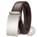 Brown leather ratchet belt for men with a sleek brushed silver automatic buckle for adjustable comfort