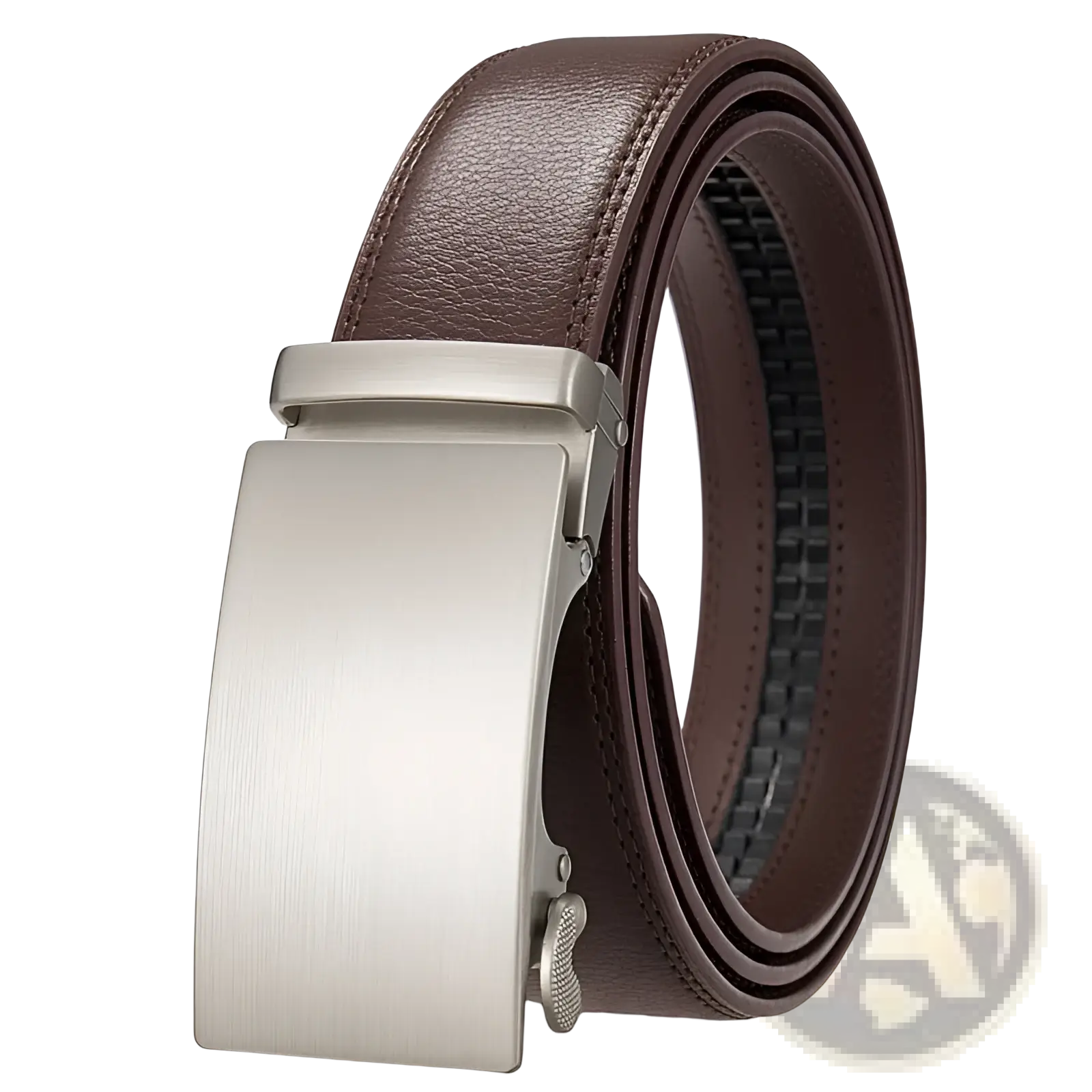 Brown leather ratchet belt for men with a sleek brushed silver automatic buckle for adjustable comfort