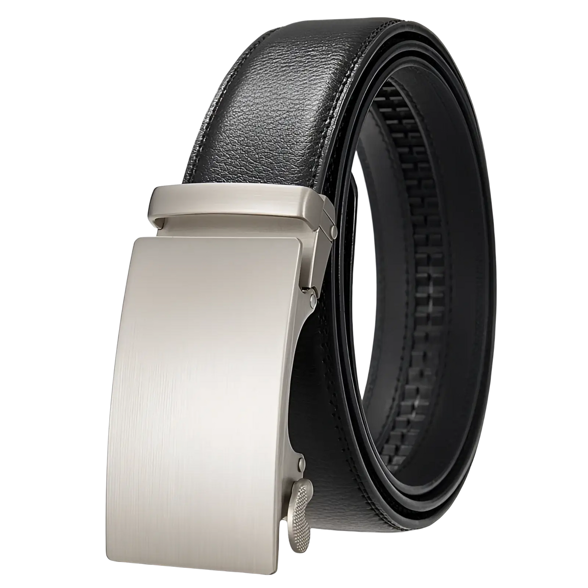 Black leather ratchet belt for men with a sleek brushed silver automatic buckle adjustable for comfort