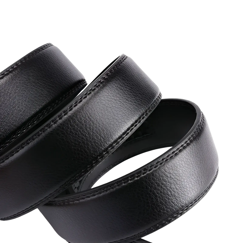 Black leather ratchet belt for men with textured surface and precise stitching along the edges, adjustable automatic buckle