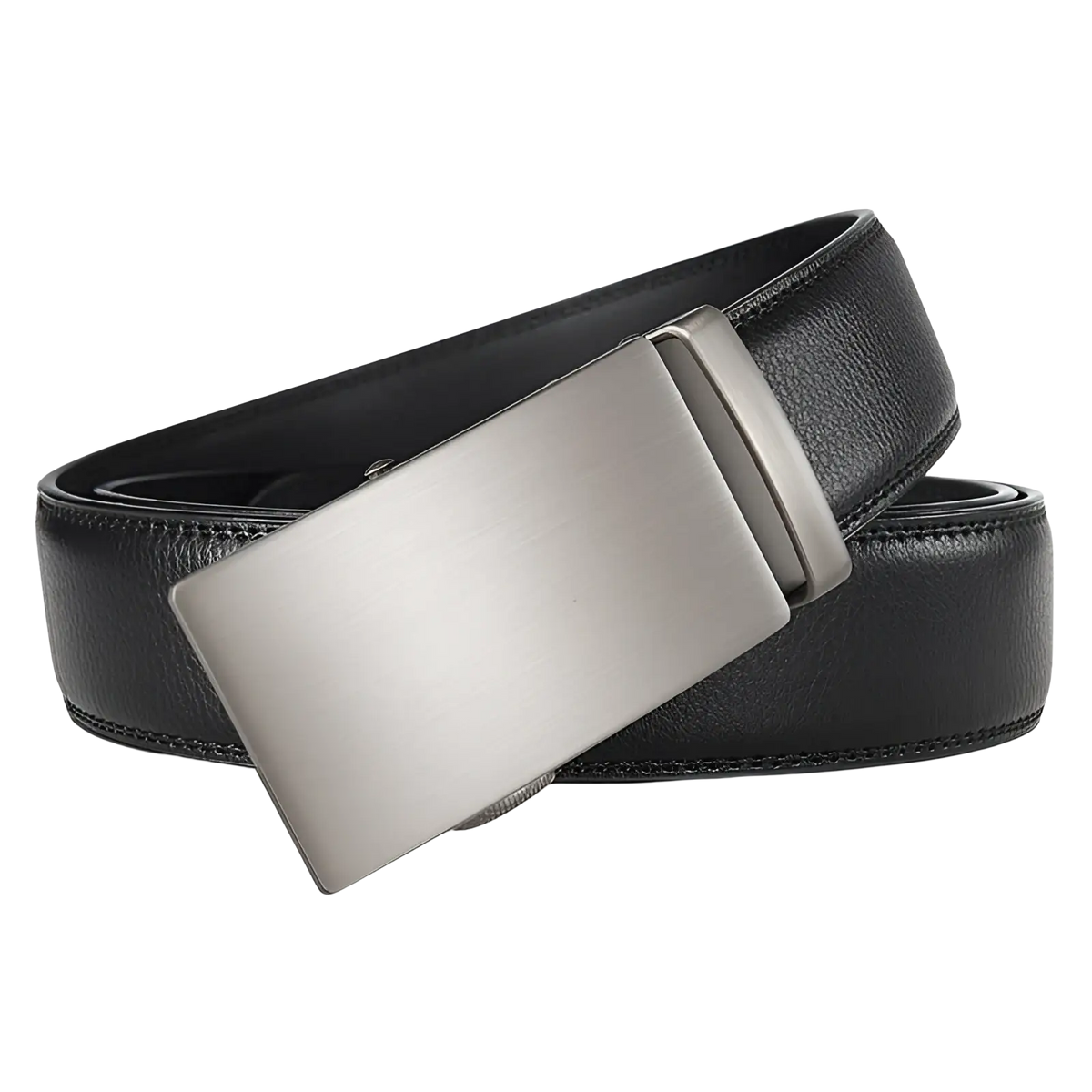 Black leather ratchet belt for men with an adjustable silver toned rectangular automatic buckle
