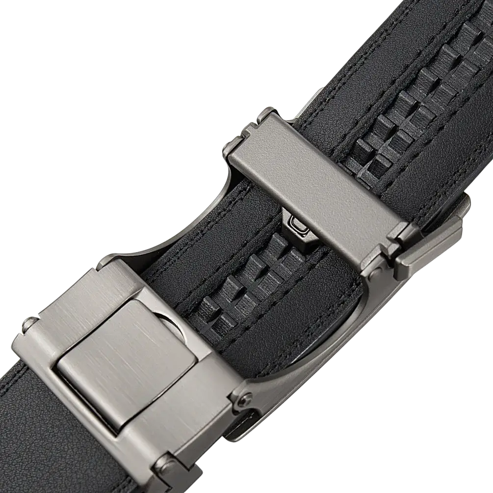 Black leather ratchet belt for men with textured woven pattern and sleek brushed metallic automatic buckle