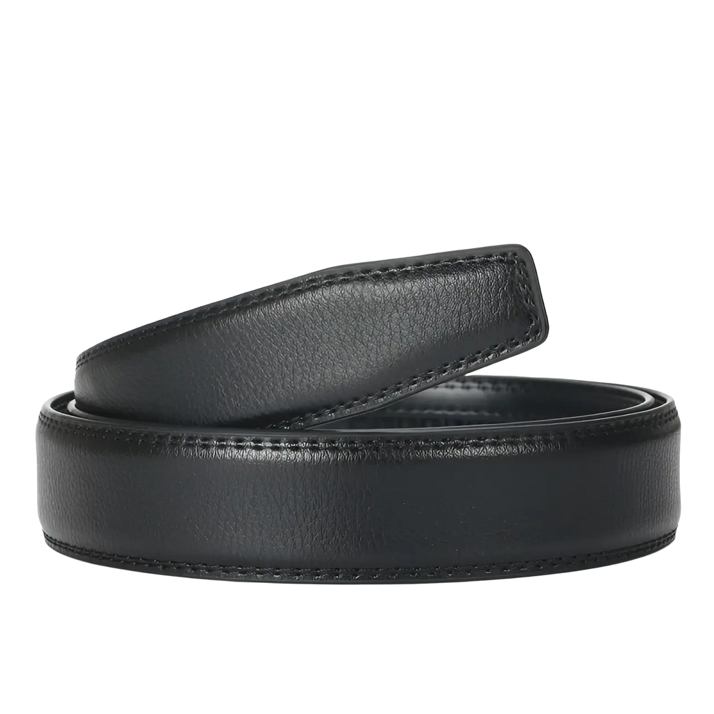 Ratchet leather belt for men in black with smooth textured leather and precise edge stitching featuring automatic buckle