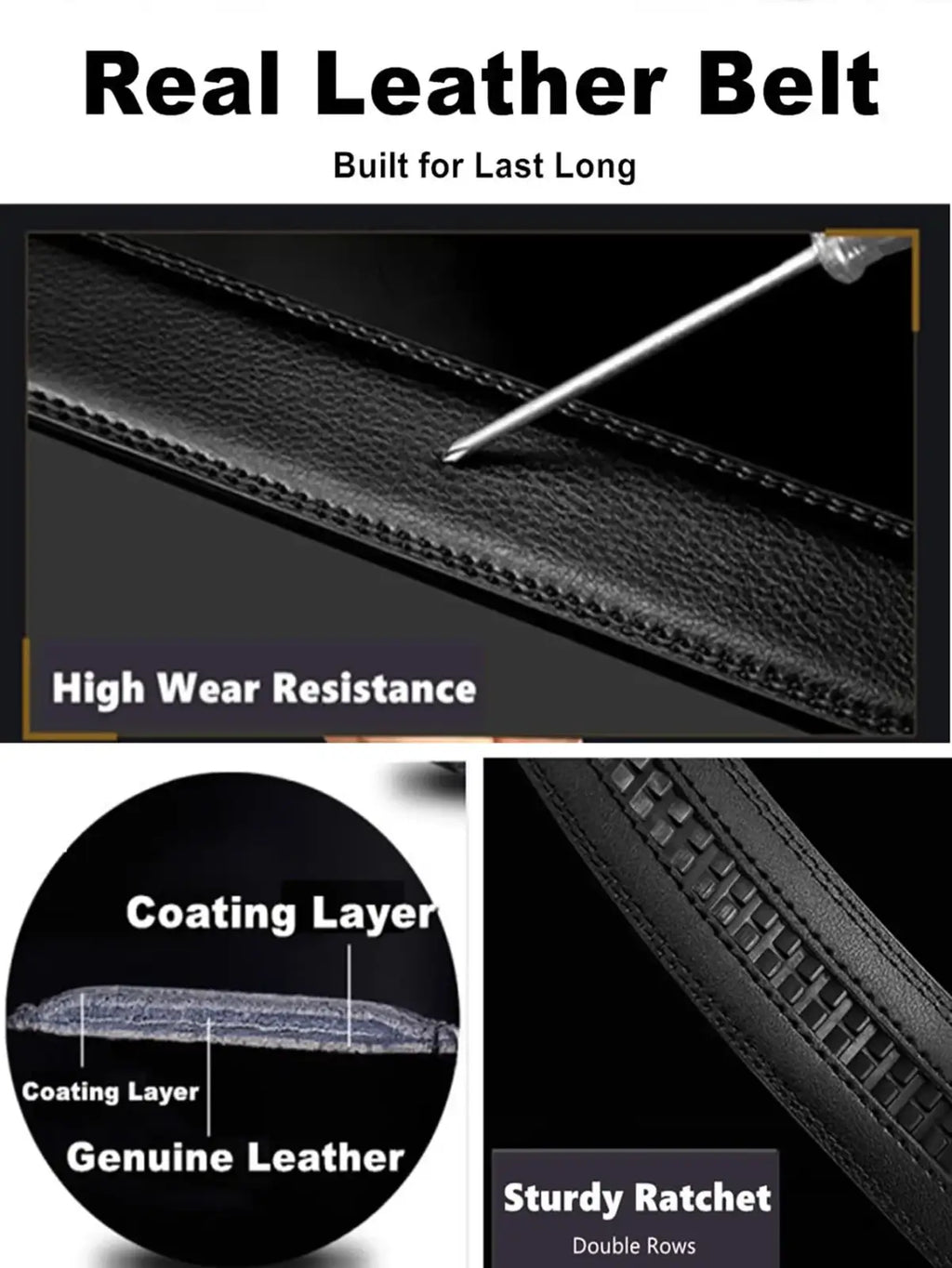 Black real leather ratchet leather belt for men with sturdy automatic buckle and double rows of stitching