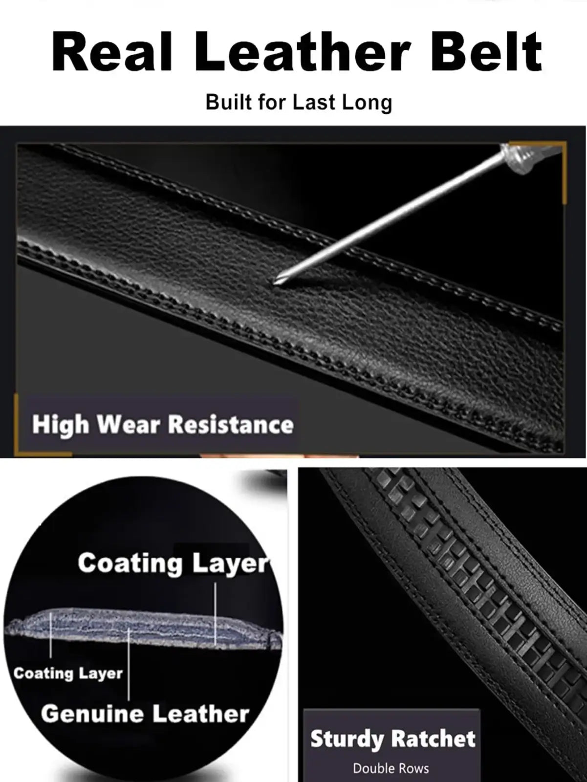 Black real leather ratchet leather belt for men with sturdy automatic buckle and double rows of stitching