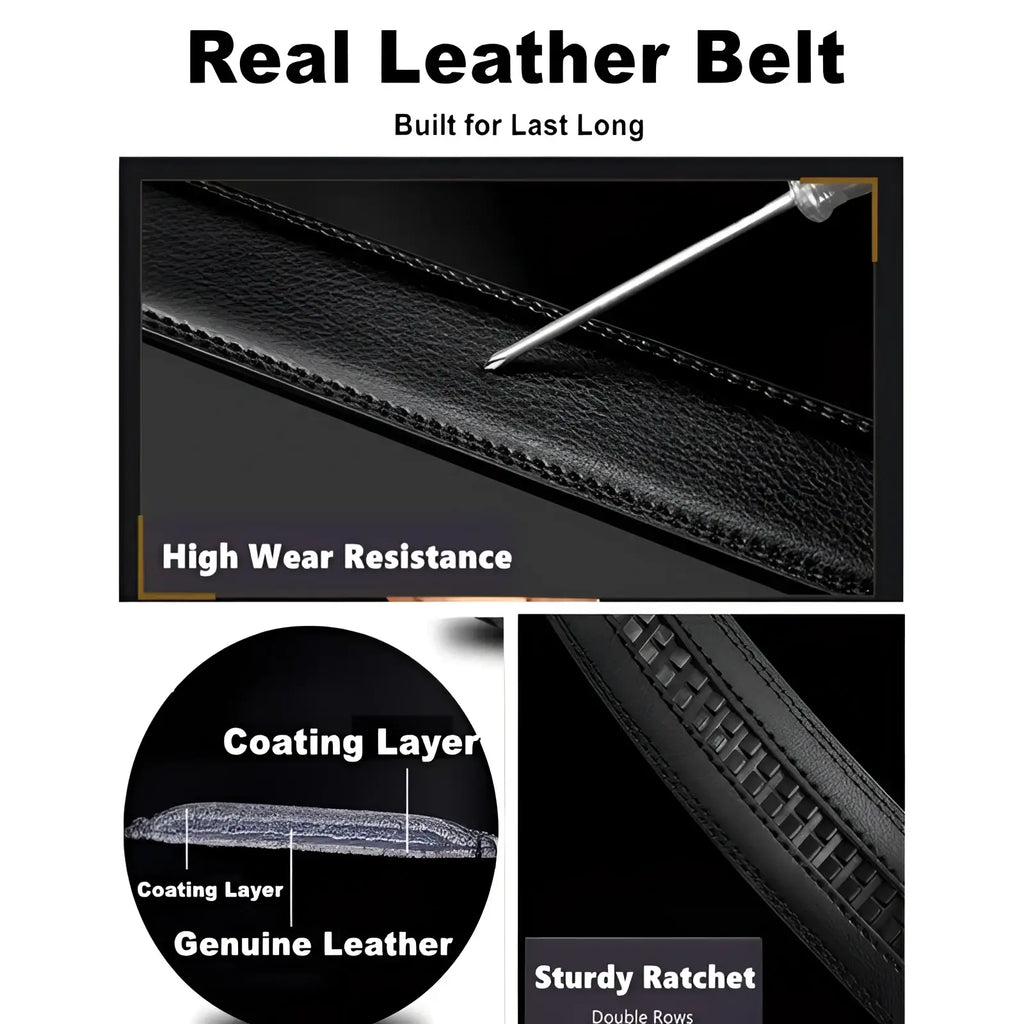 Black real leather ratchet leather belt for men with adjustable automatic buckle and double rows of stitching