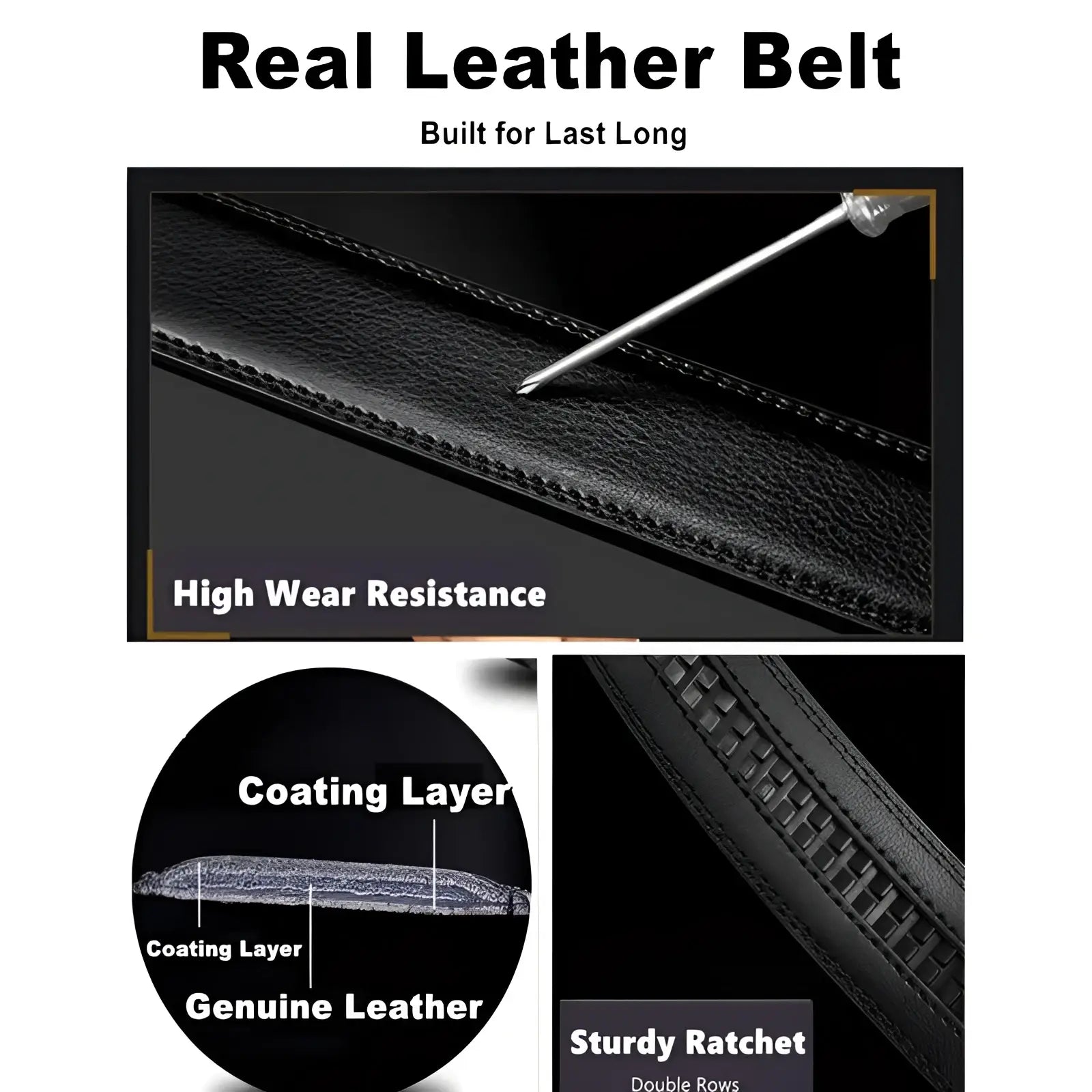 Black real leather ratchet leather belt for men with adjustable automatic buckle and double rows of stitching