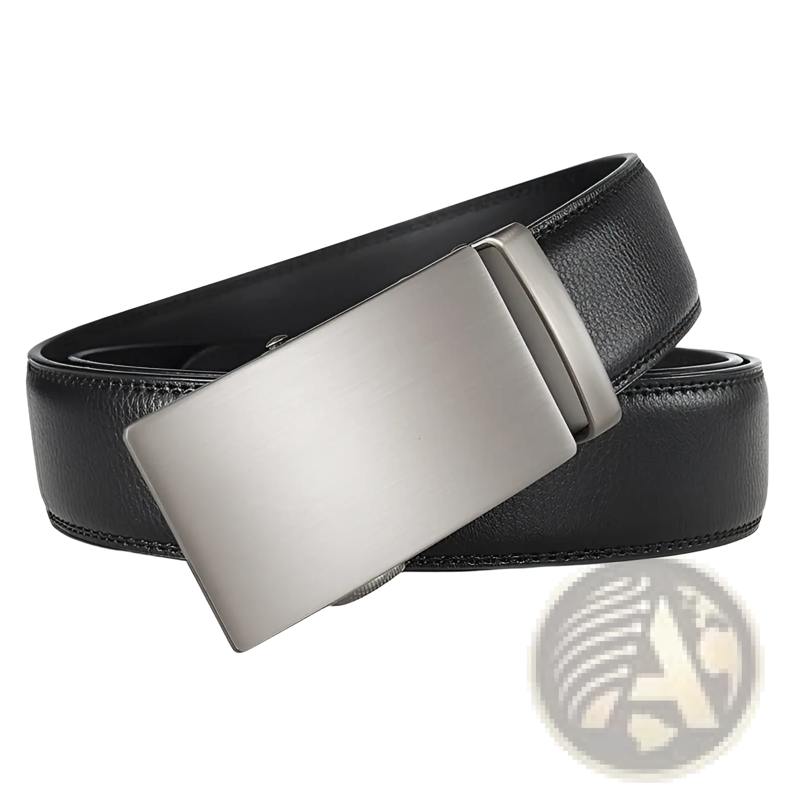Black leather ratchet belt for men with an adjustable silver toned rectangular automatic buckle