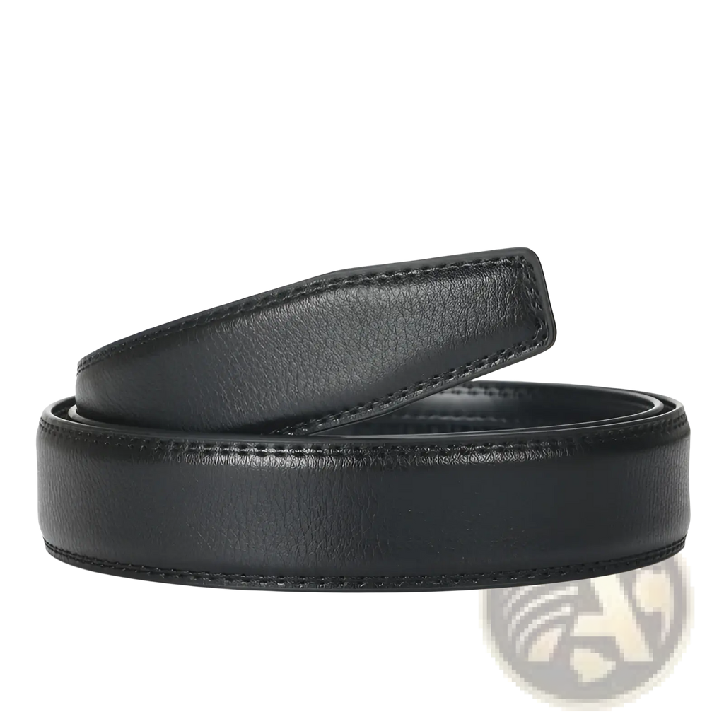 Ratchet leather belt for men in black with smooth textured leather and precise edge stitching featuring automatic buckle