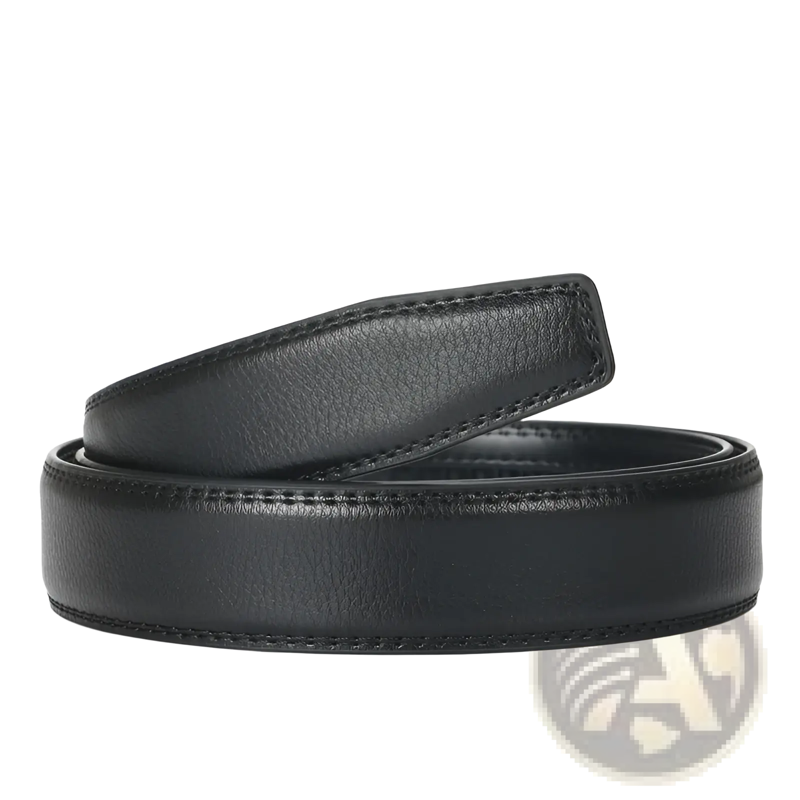 Ratchet leather belt for men in black with smooth textured leather and precise edge stitching featuring automatic buckle