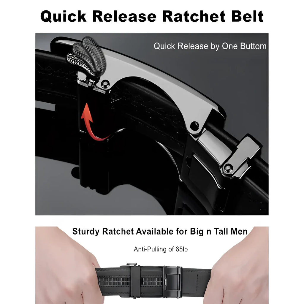 Black leather ratchet belt for men with a silver quick-release automatic buckle designed for big and tall men