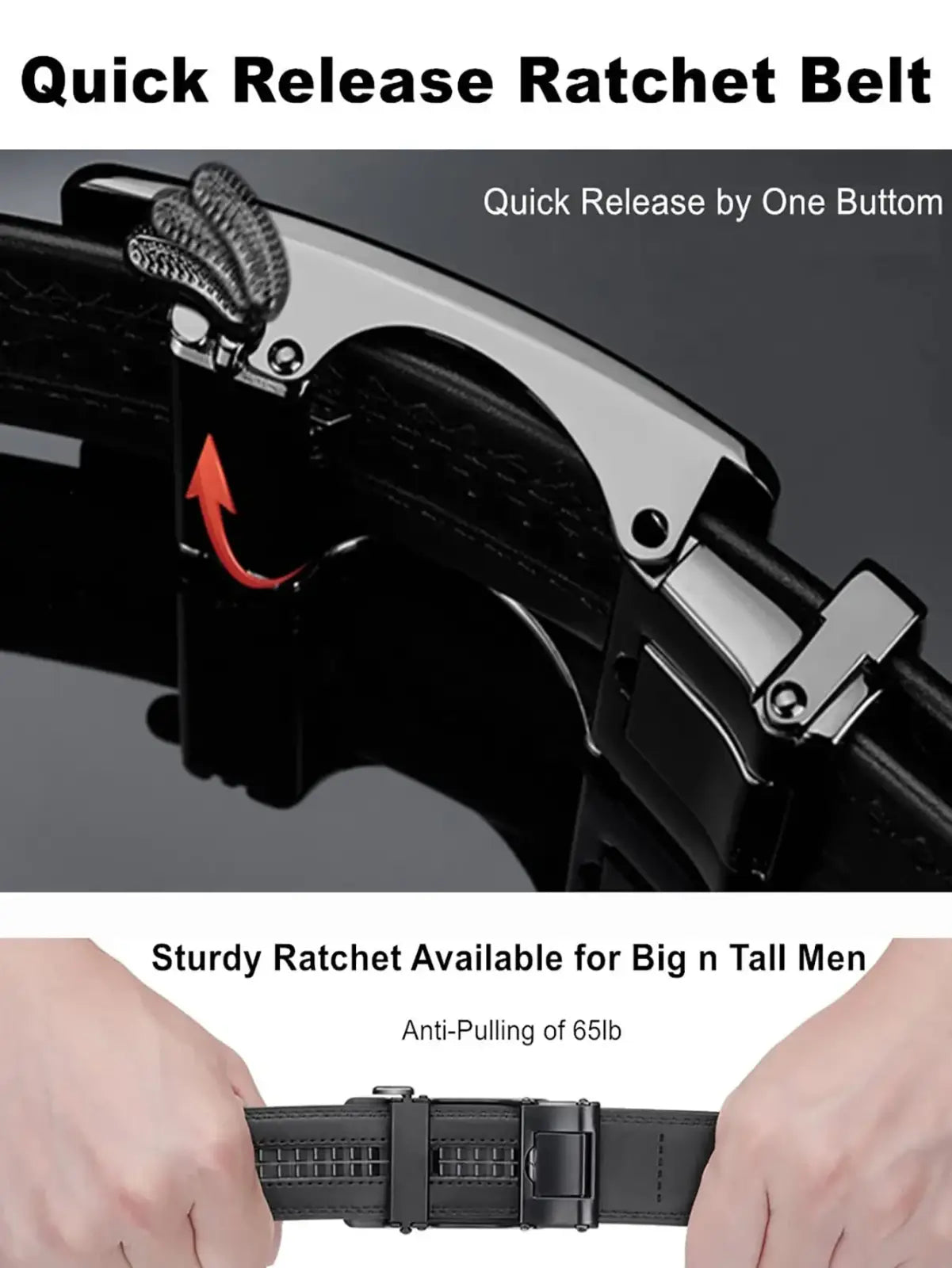 Black leather ratchet belt for men with a silver quick-release automatic buckle designed for big and tall men