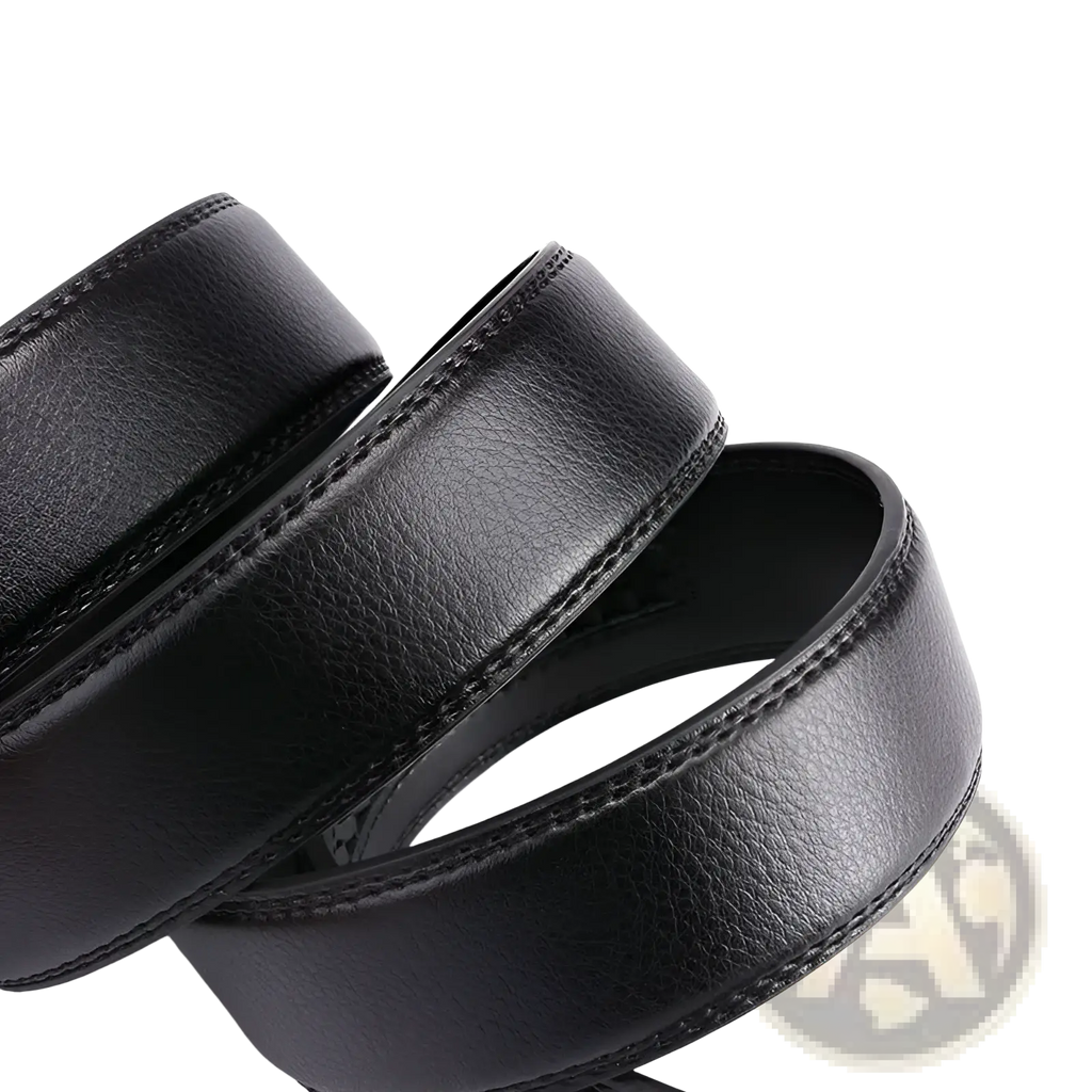 Black leather ratchet belt for men with textured surface and precise stitching along the edges, adjustable automatic buckle