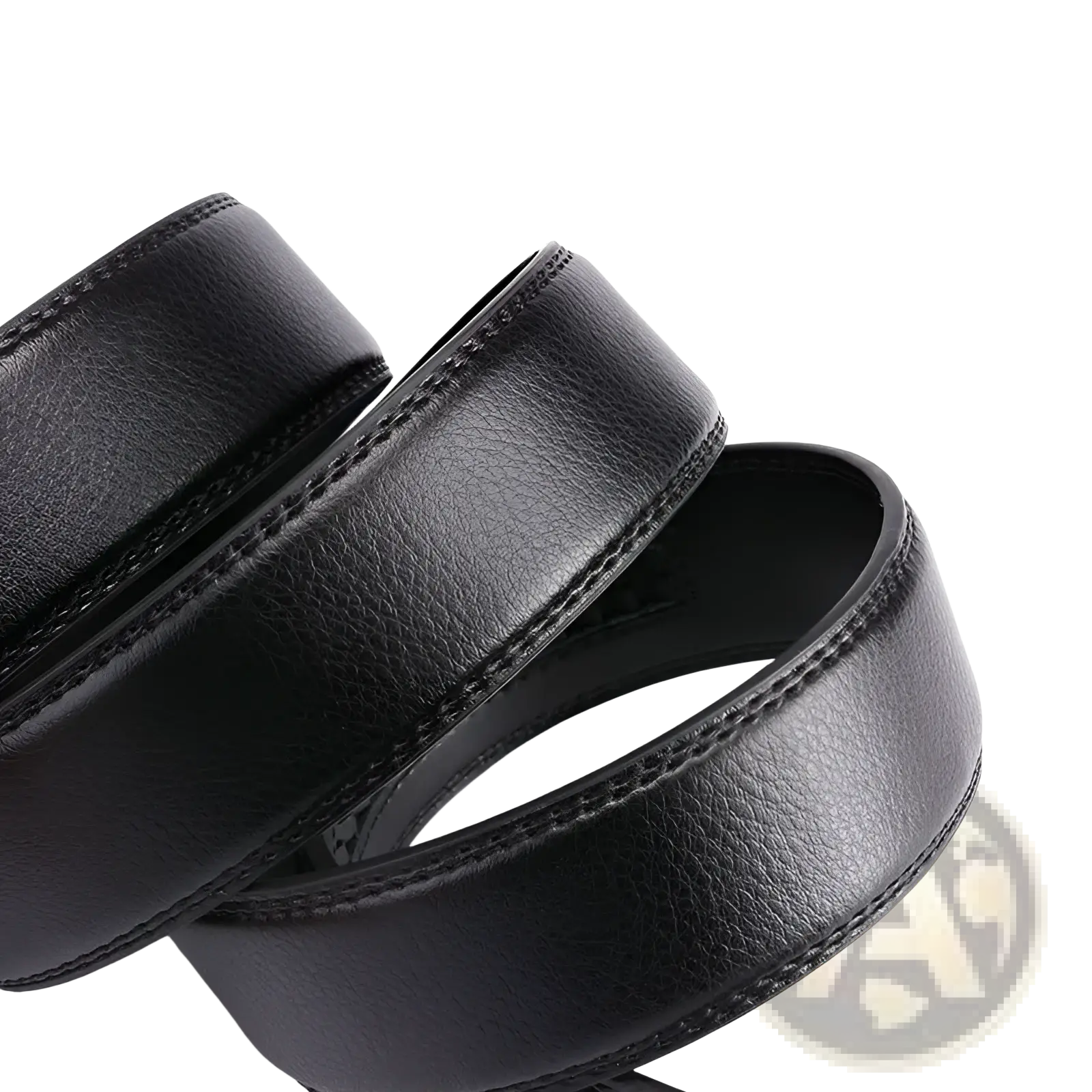 Black leather ratchet belt for men with textured surface and precise stitching along the edges, adjustable automatic buckle