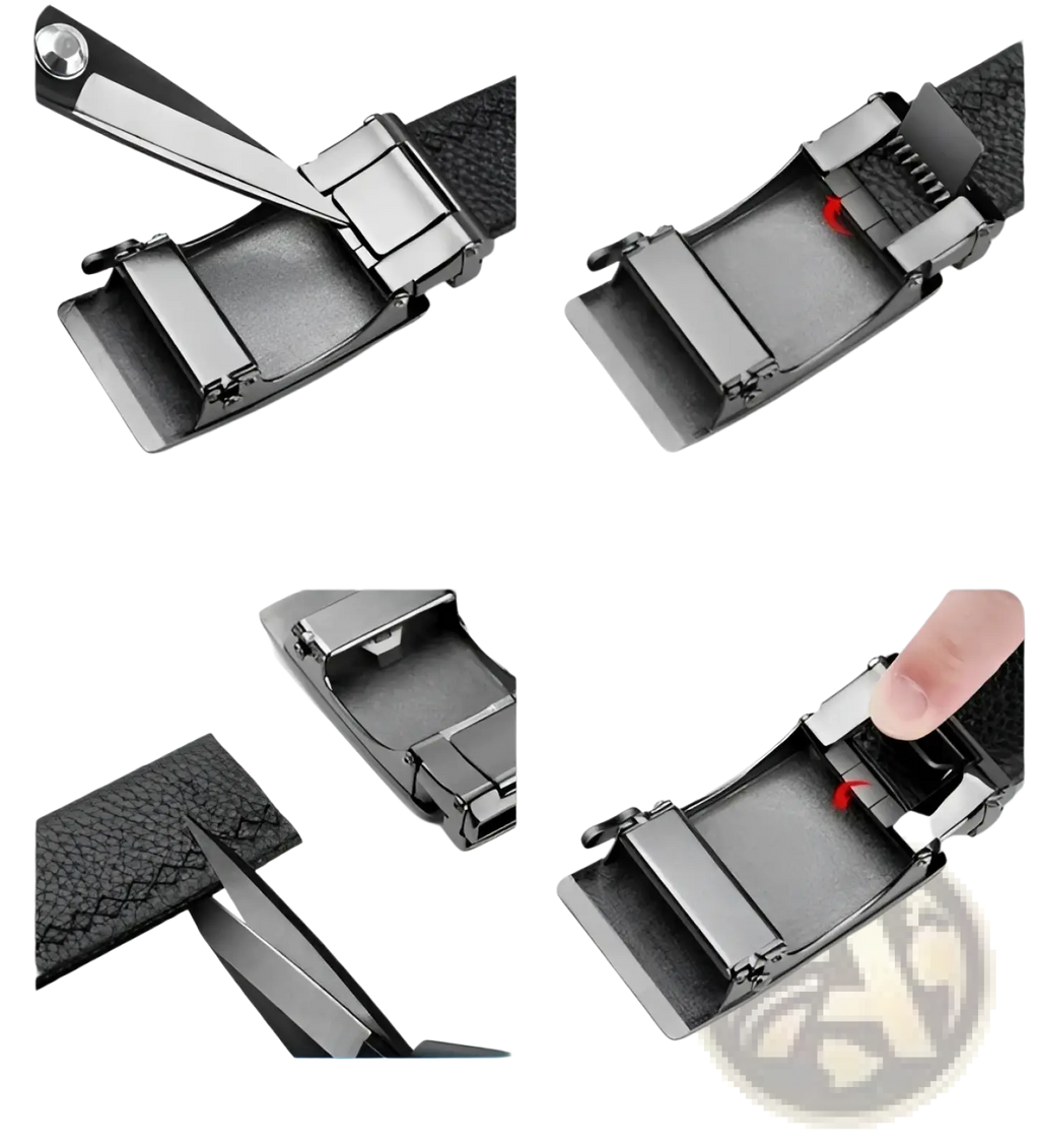 Black ratchet leather belt for men with textured leather and matte black metal automatic buckle