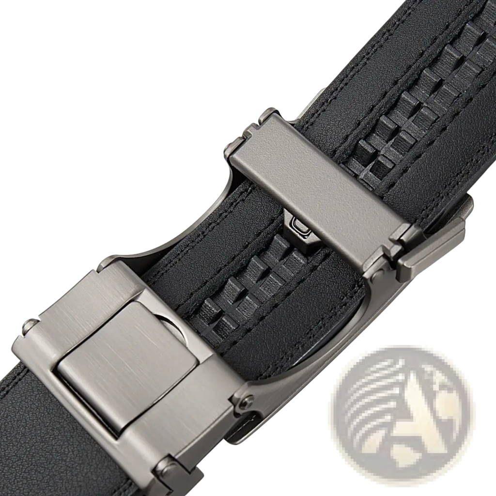 Black leather ratchet belt for men with textured woven pattern and sleek brushed metallic automatic buckle