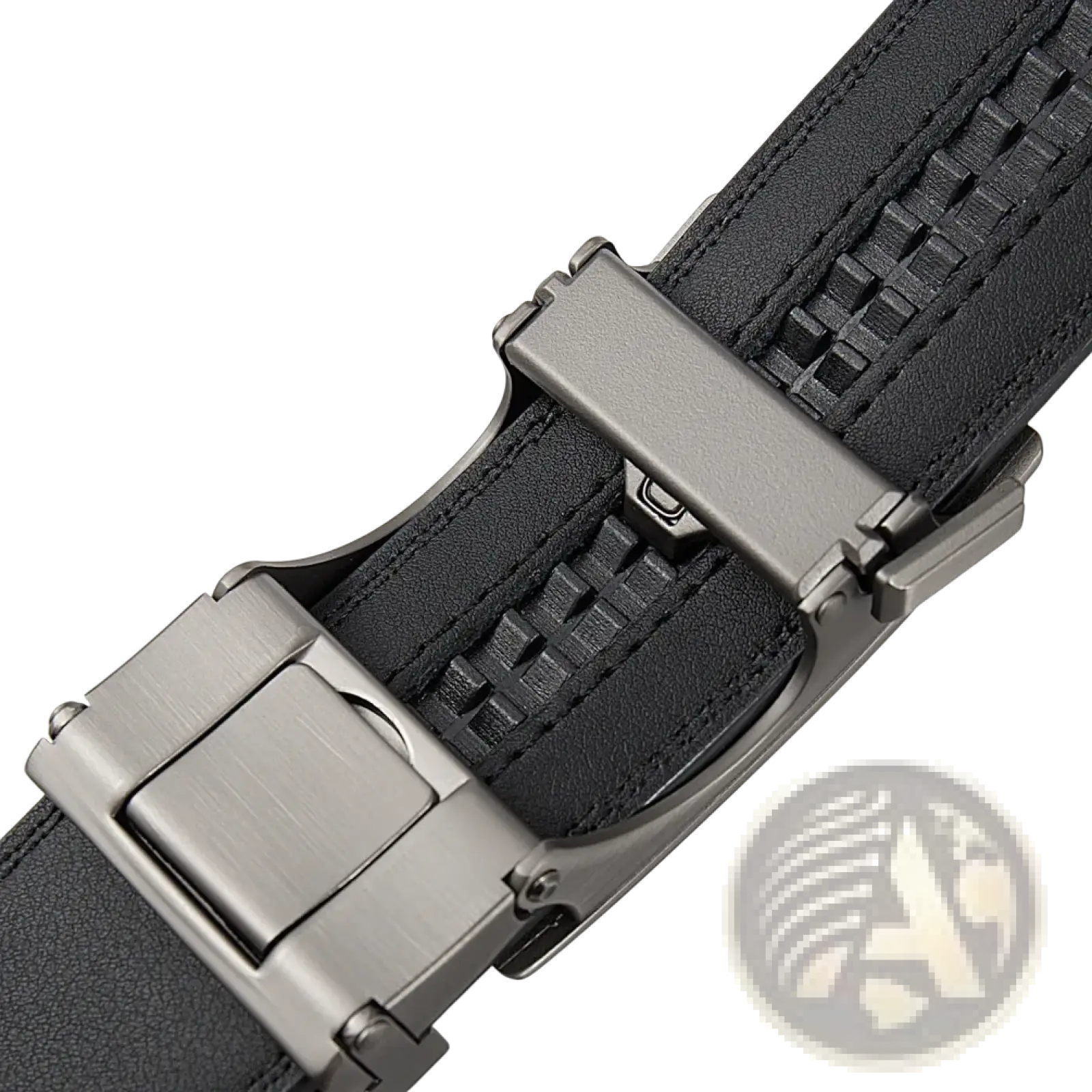 Black leather ratchet belt for men with textured woven pattern and sleek brushed metallic automatic buckle