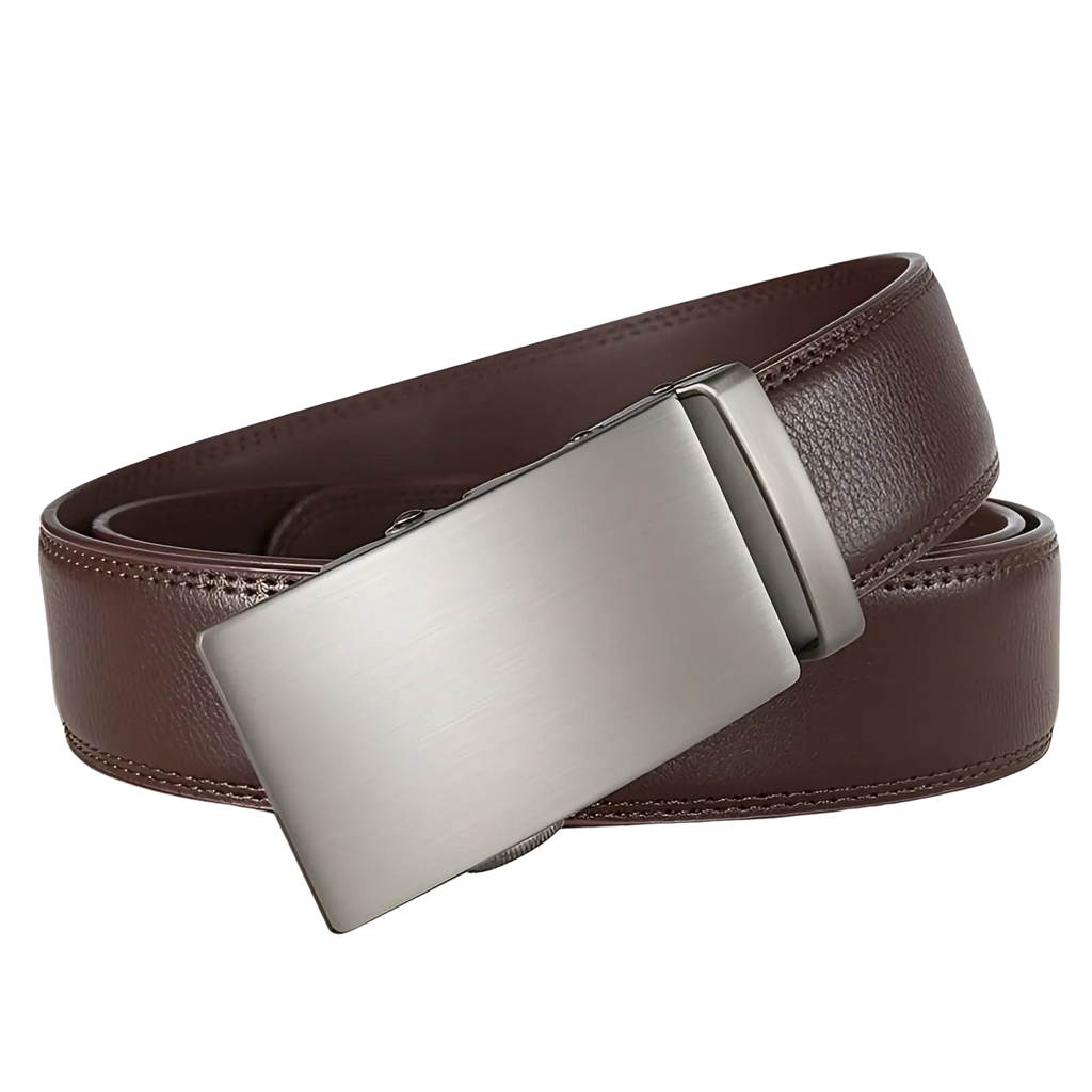 Ratchet leather belt for men in brown with a sleek brushed silver automatic buckle and adjustable fit
