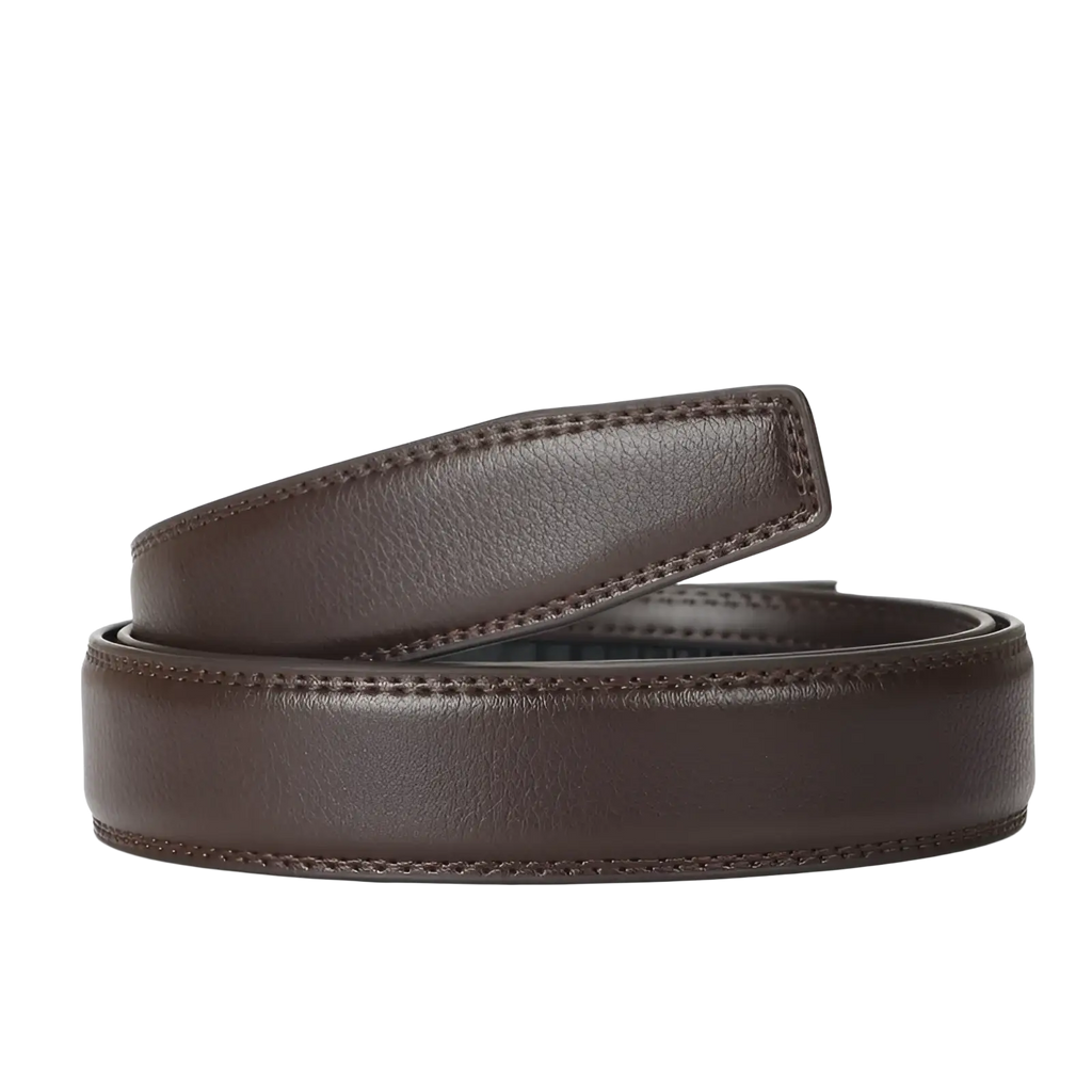 Brown leather ratchet belt for men with smooth textured surface and precise edge stitching adjustable automatic buckle