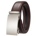 Brown leather ratchet belt for men with a sleek brushed silver automatic buckle for adjustable comfort