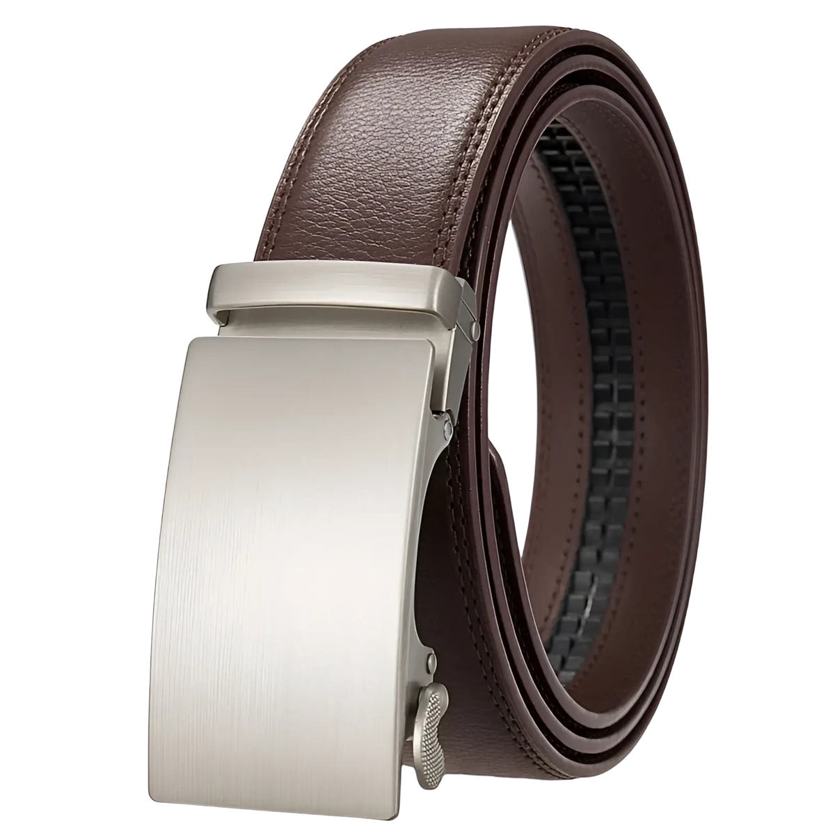 Brown leather ratchet belt for men with a sleek brushed silver automatic buckle for adjustable comfort