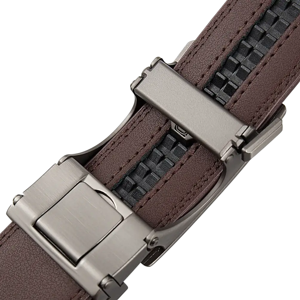 Ratchet leather belt for men in brown with a black woven texture and matte silver-toned automatic buckle