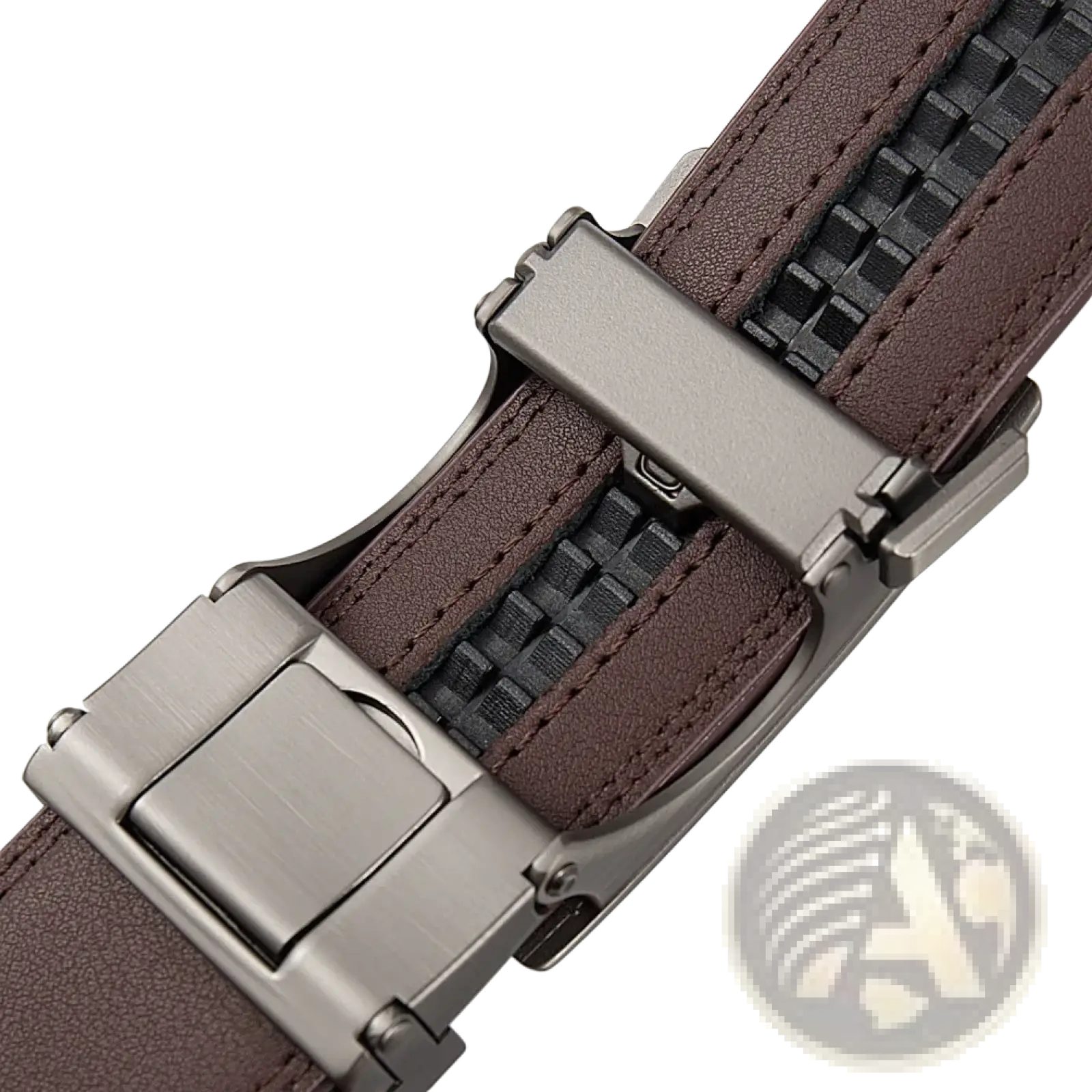 Ratchet leather belt for men in brown with a black woven texture and matte silver-toned automatic buckle