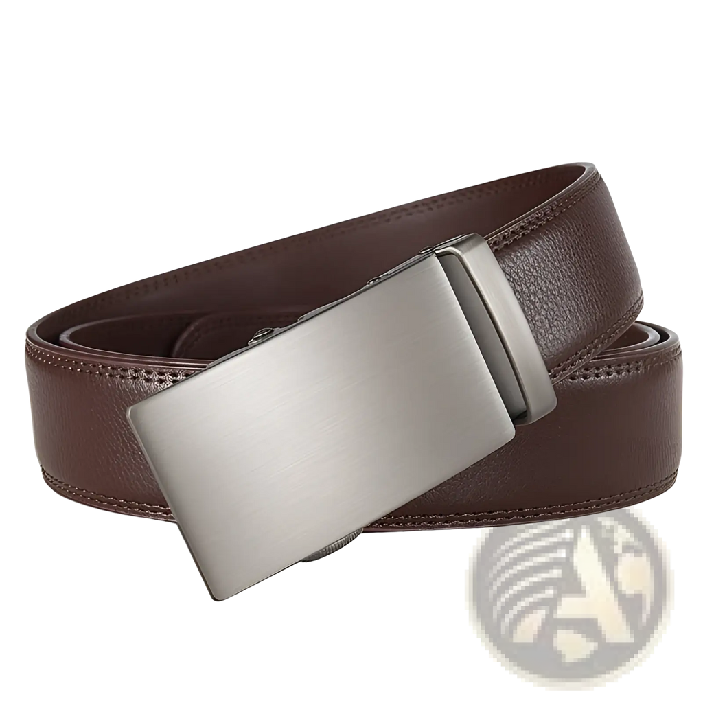 Ratchet leather belt for men in brown with a sleek brushed silver automatic buckle and adjustable fit
