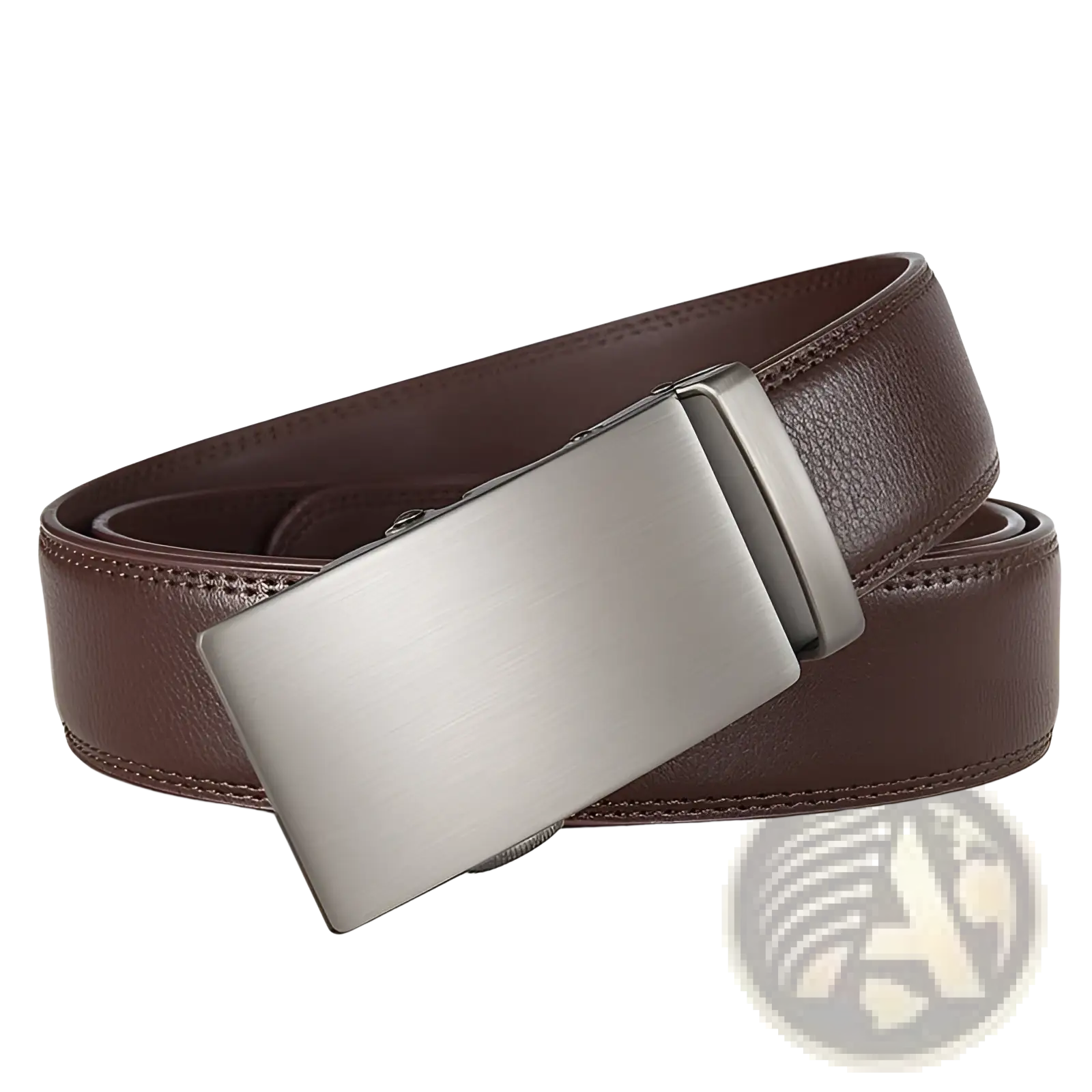Ratchet leather belt for men in brown with a sleek brushed silver automatic buckle and adjustable fit