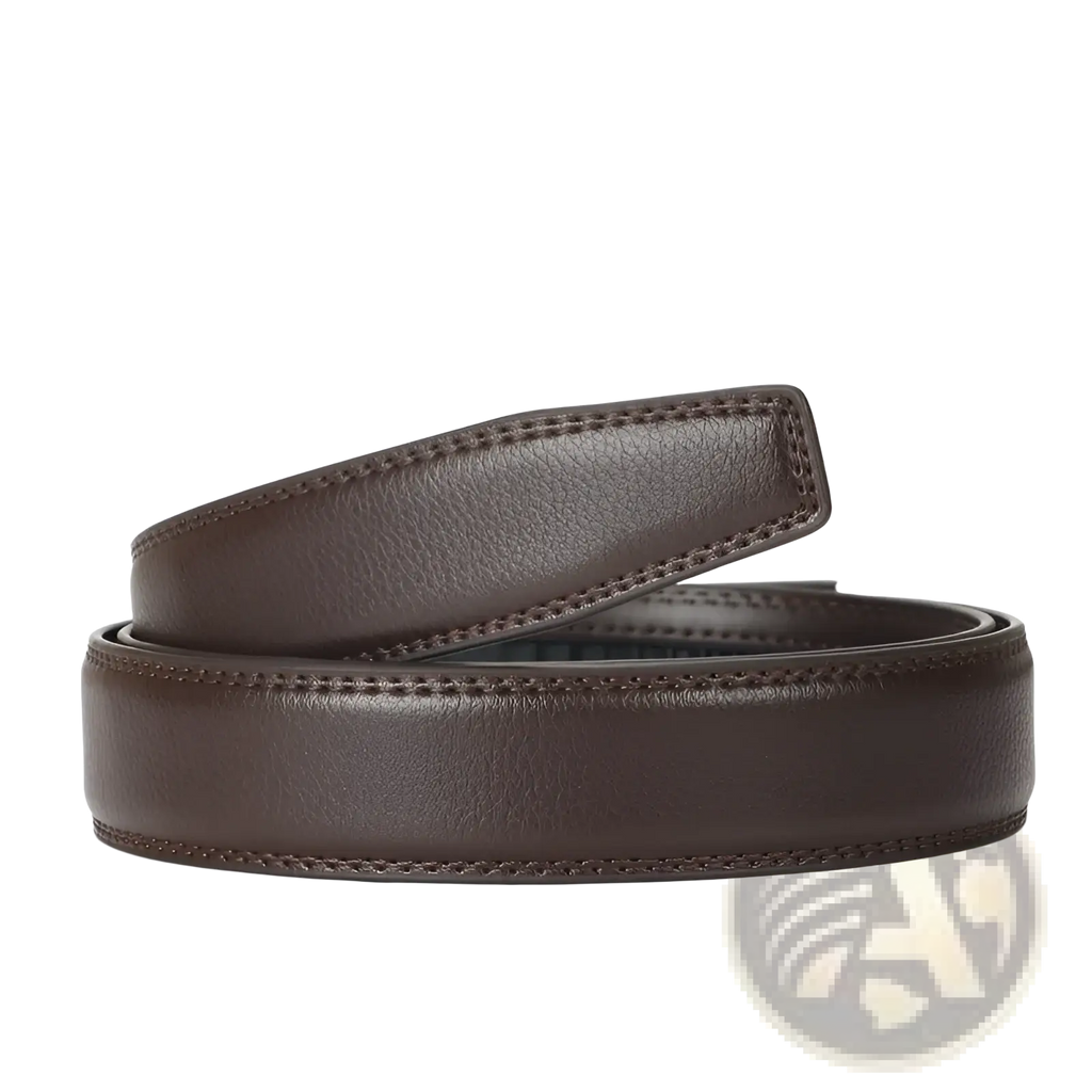 Brown leather ratchet belt for men with smooth textured surface and precise edge stitching adjustable automatic buckle