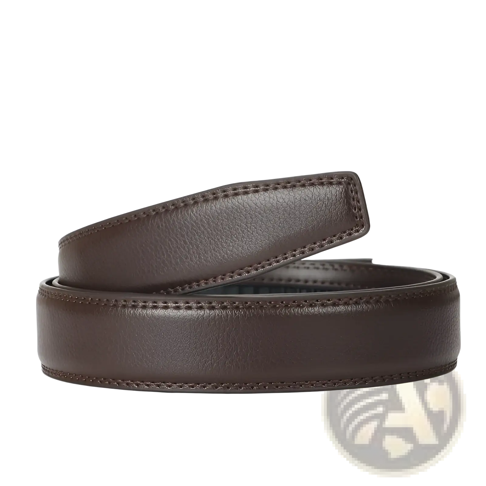 Brown leather ratchet belt for men with smooth textured surface and precise edge stitching adjustable automatic buckle