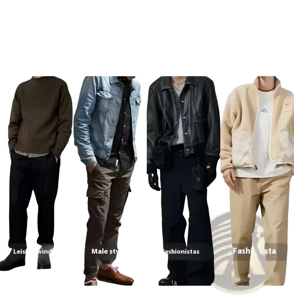 Four distinct male outfits featuring the ratchet leather belt for men with adjustable automatic buckle in black