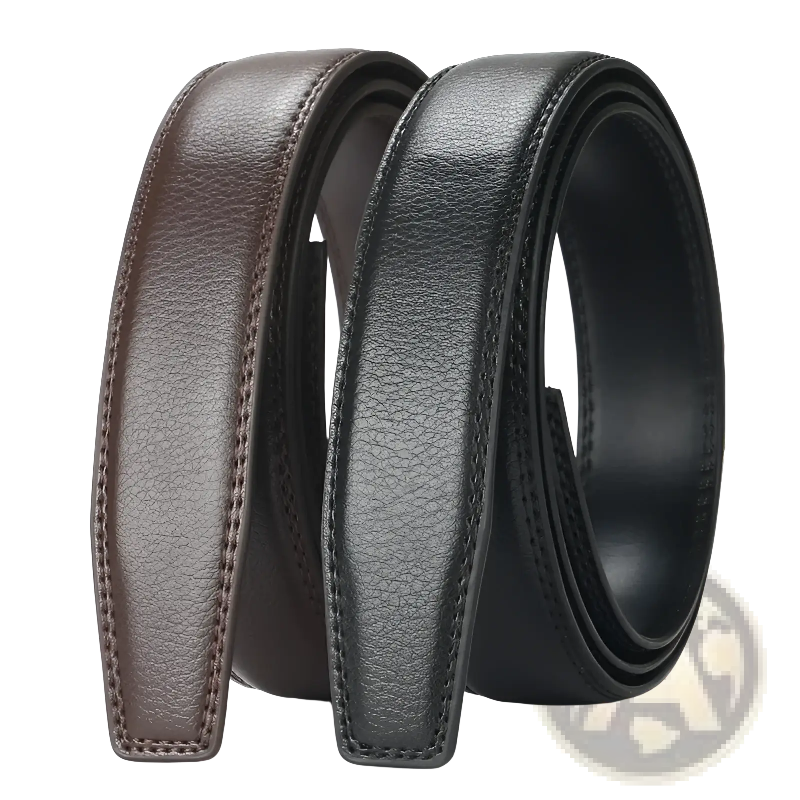 A pair of adjustable ratchet leather belts for men in rich brown and black with precise edge stitching