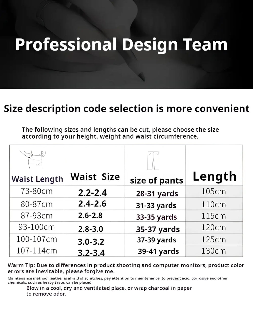 Professional design team pants size chart showing waist length waist size and total length in centimeters for ratchet leather belt for men adjustable automatic buckle